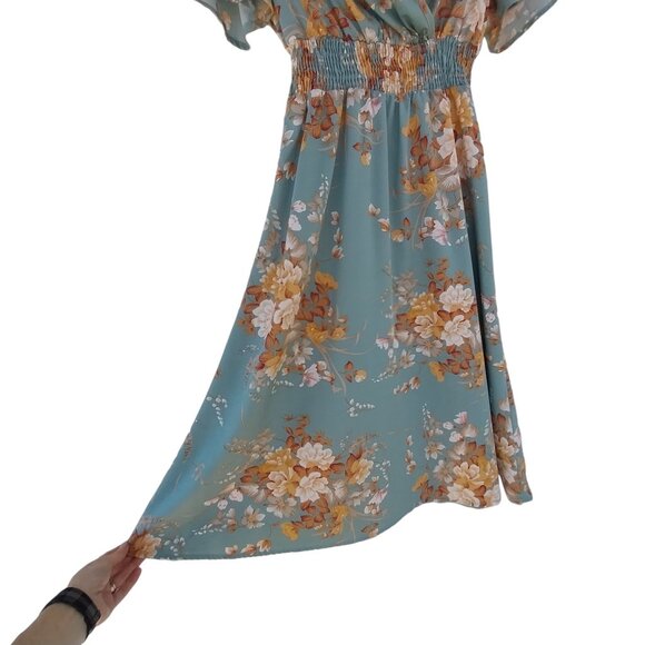 Flowy Floral Midi Dress, Butterfly Short Sleeves, V-Neck, Shirred Waist, Size M - Picture 3 of 8